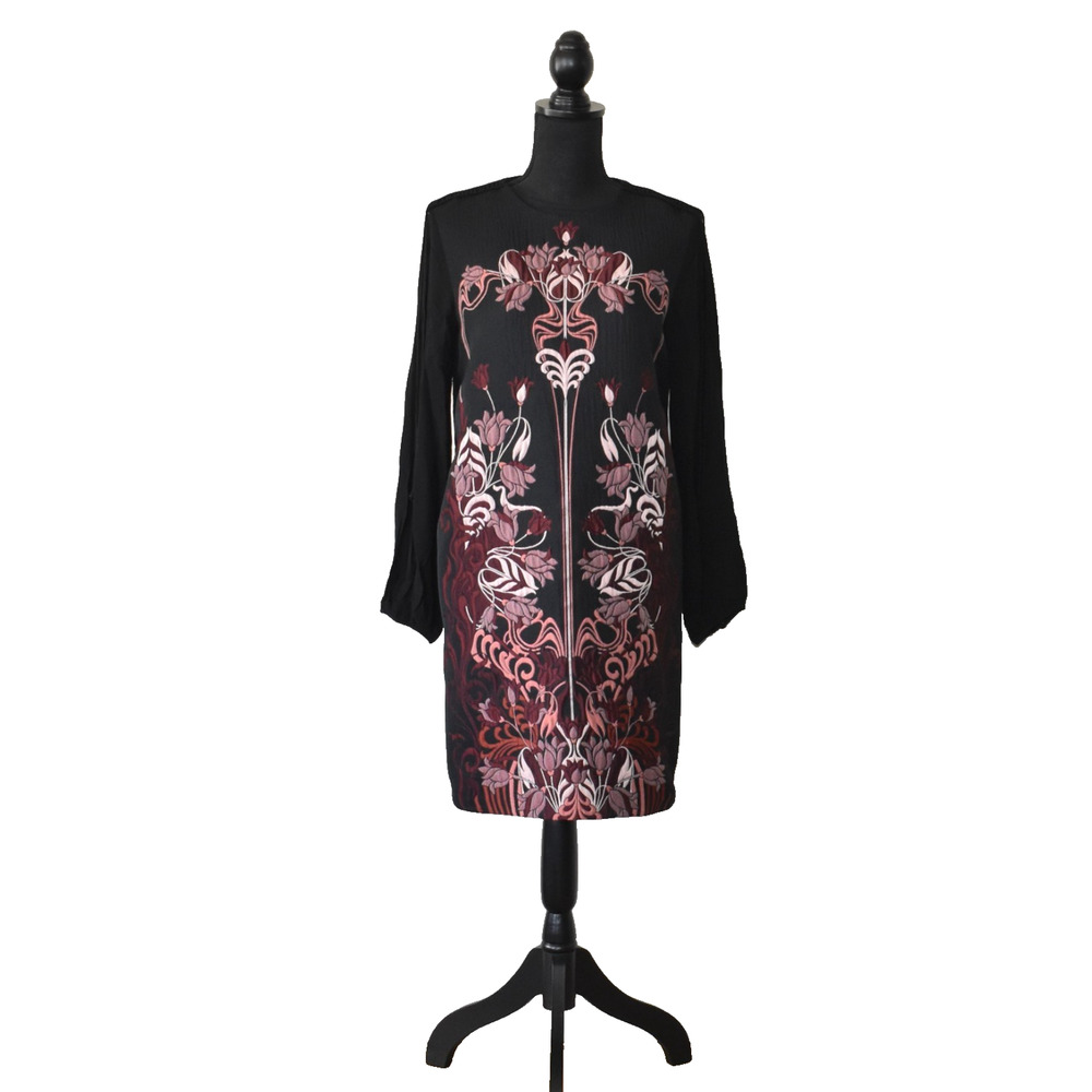 B2 Auth GIAMBA Black/Burgundy Floral Embroidery Semi-Sheer Sleeves Dress Sz 42/S